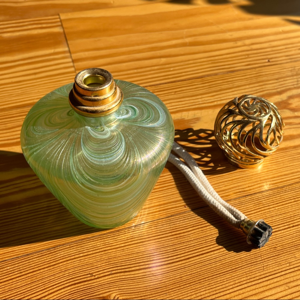 Vintage Hand blown Iridescent Elegant Green and Gold Swirl Glass Diffuser